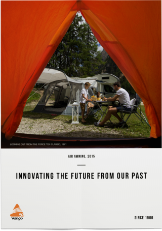 A Vango poster featuring a family camping in the mountains, framed by a Vango tent, and the tagline “Innovating the future from our past”