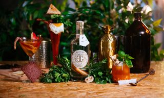 MadeBrave Breakfast Gin A bottle of gin containing a large sausage, surrounded by cocktails that contain breakfast foods