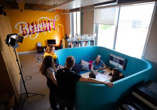 Michelle, Nuria Boj, animator and james from sweet wave audio planning