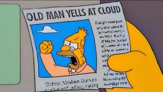 Screen-cap of The Simpsons; news article showing Grandpa Simpson with the headline Old Man Yells at Cloud.