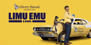 The Liberty Mutual LiMu Emu Video Man and emu standing in front of a car