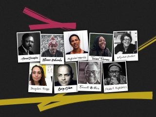 Photos of Aaron Douglas, Etienne Kubwabo, Sylvia Harris, Tomiwa Folorunso, Elizabeth Catlett, Jacqueline Briggs, Georg Olden, Stewart Kyasimire, Emmett McBain