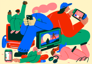 Editorial D&AD Article About the Game Industry Stylised illustration of five people playing video games in block colours by Lauren Morsley