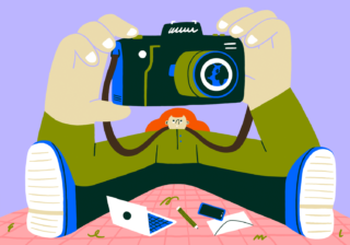 Stylised illustration of taking a photo with a camera in block colours by Lauren Morsley