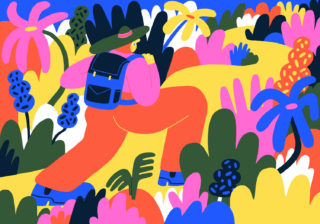 Stylised illustration of person hiking through the jungle with a backpack in block colours by Lauren Morsley