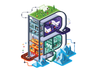 B-Corp Certified 'B' Illustration B-Corp Certified 'B' Illustration showing mountains, houses, and green spaces