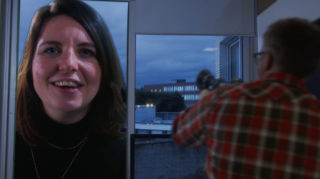 The Moment Before Disaster giant smiling in through the window, man about to shoot the giant with a ray gun