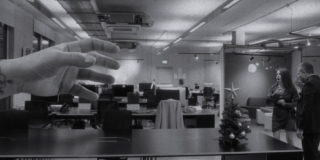 King Kong Parody giant hand reaching in through the window, frightening man and woman