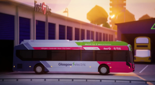 still image of Electric Bus 3D Animation showing bus in front of bus depot with the rising sun in the background