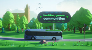 still image of Electric Bus 3D Animation showing bus in front of a forest and a sign that says 