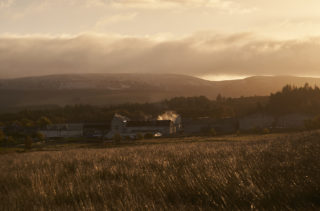 Landscape photo of Tomatin distillery with barley field at sunset