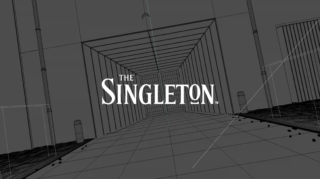 Render wireframe of The Singleton Logo in front of the distillery entrance