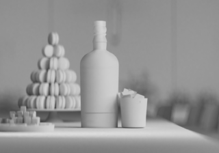 a Clay Model Render - of a the singleton Bottle & Macaroons
