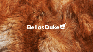 Bella & Duke logo in white over puppy fur