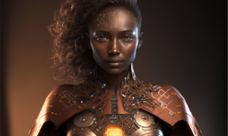 AI Superhero a futuristic cyborg woman with circuit boards and dark hair parted to one side looking straight ahead