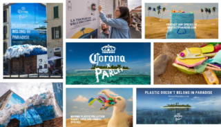 several photos and other campaign collateral for brand partnership between corona and parley