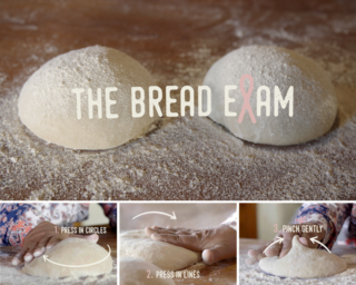 photo of two balls of dough laying on a powdered table, representing breasts. The words 