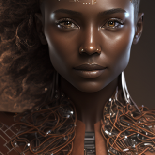 a futuristic cyborg woman with circuit boards and dark hair parted to one side looking straight ahead