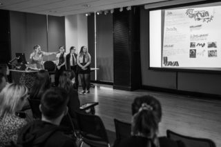 a photo of Gemma, Jane and Melissa Presenting their Idea with Helena Good at the D&AD New Gen Awards