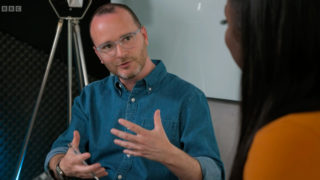 still frame from the finale of gordon ramsay's future food stars showing head of strategy mark cullen discussing the new brand with the owner