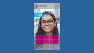 image of a young woman with glasses smiling and a design grid over the top. All is over a blue background