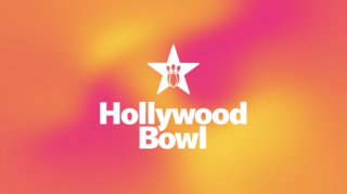animation showing the hollywood bowl brand refresh with a white hollywood bowl logo over pink, orange, and yellow gradients