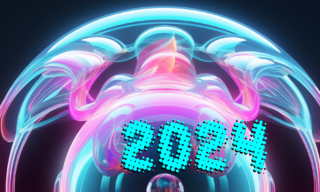 2024: Our Predictions for the Year Ahead crystal ball with neon pink and turquoise, and '2024' in turquoise over the top