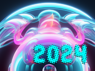 crystal ball with neon pink and turquoise, and '2024' in turquoise over the top