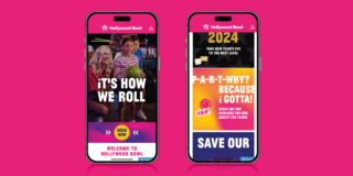 two phones showing mobile ads on pink background