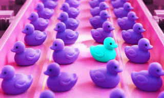 Your 'Bland Values': A Lesson in Brand Differentiation AI generated image showing conveyor belt of rubber duckies. All of them are purple but one is turquoise