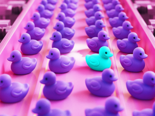 AI generated image showing conveyor belt of rubber duckies. All of them are purple but one is turquoise