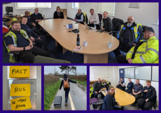 several photos of the madebrave team working with the first bus team