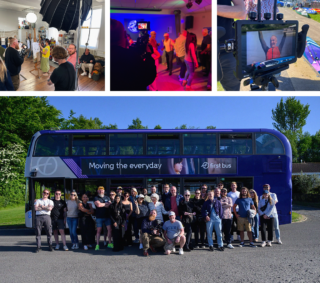 A collage showing all of the a behind the scenes photos of the crew