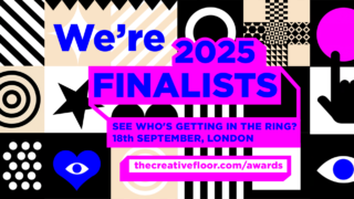 a graphic from the creative floor healthcare awards with blue text over pink that says 