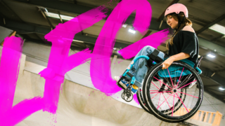 First Bus LFG Integrated Campaign photo of a woman in a wheelchair about to drop into a bowl with