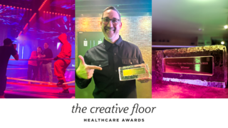 The Creative Floor Healthcare Awards - We Won! three photos. One of a man accepting an award in a wrestling ring, one of a smiling man holding an award, and a third photo which is a closeup of the award.