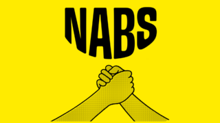 an image with 'NABS' in black and two hands clasped below. All sits on top of a yellow background