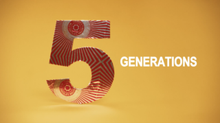 a photo of a foil-wrapped red 5 with 'generations' in white, all on a yellow background