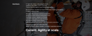Coriant Manifesto Graphic of the Coriant manifesto in white overlay onto a photo of a man in an orange jumpsuit working