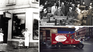 Tunnock's Brand Film - From the Archive three archival photos of the Tunnock's building, the factory, and a Tunnock's delivery truck