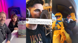 People Make Glasgow Building Campaign three photos showing a man and woman smiling in a selfie, a man singing into a studio mic, and two people in a small car, one with a yellow costume on