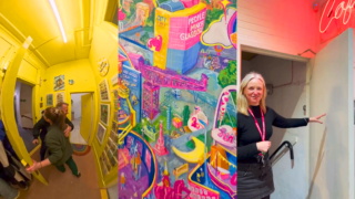 People Make Glasgow Building Campaign three photos showing a man hugging a woman in a yellow room, a photo of a colorful cityscape painting, and a woman smiling in front of a doorway