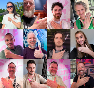 collage of 12 men and women from the madebrave team with pink dots on their hands with samh wee pink dots on their hands